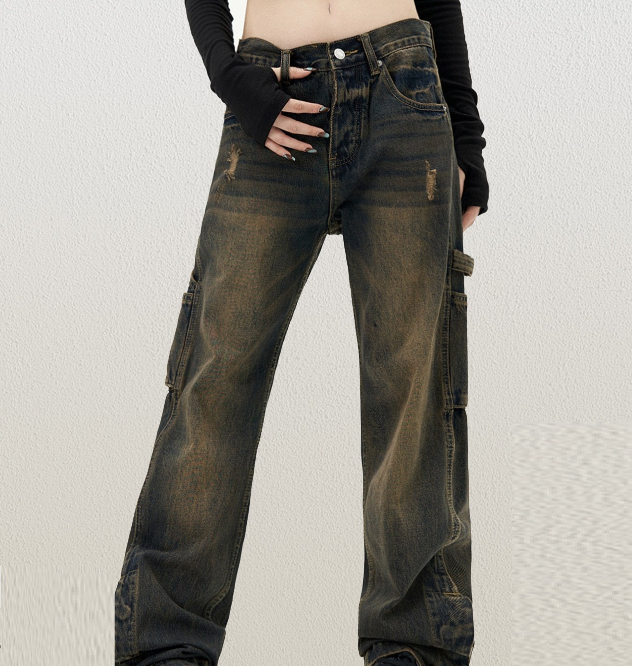 American Retro Jeans Heavy Washed Dirty Mud Dyed Overalls