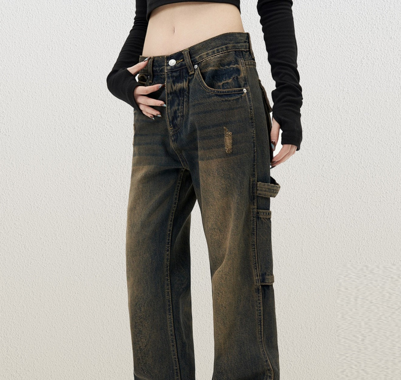 American Retro Jeans Heavy Washed Dirty Mud Dyed Overalls