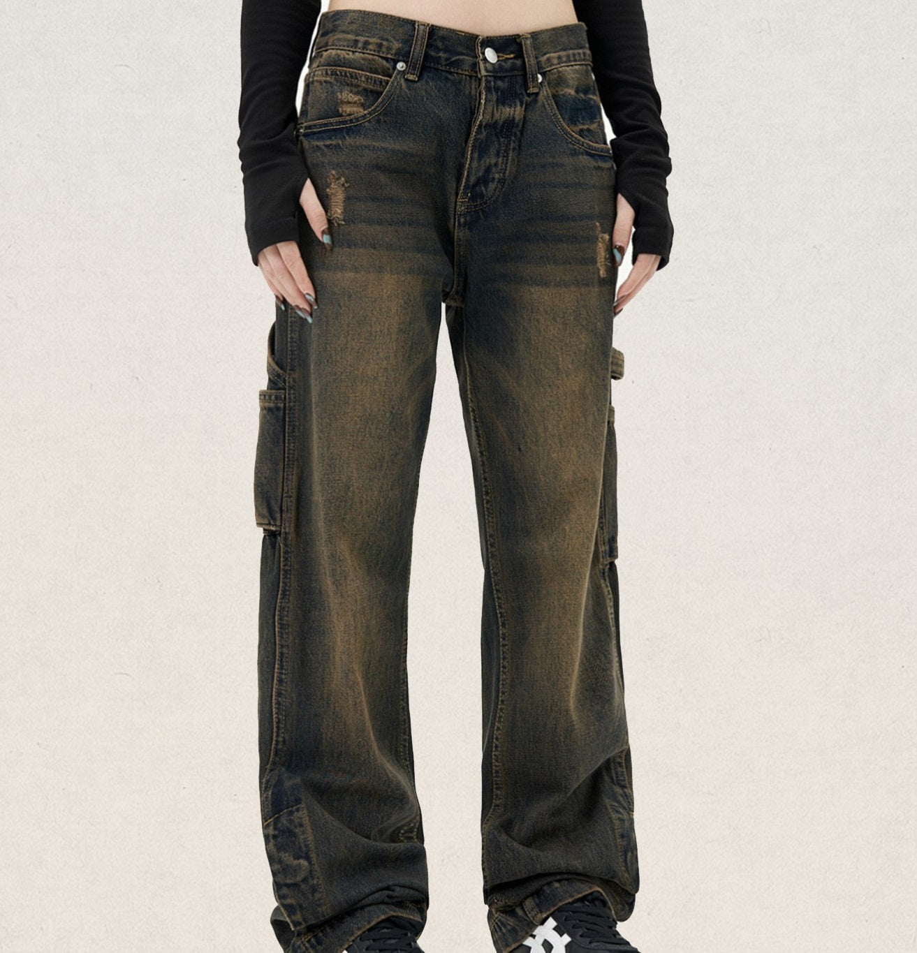 American Retro Jeans Heavy Washed Dirty Mud Dyed Overalls