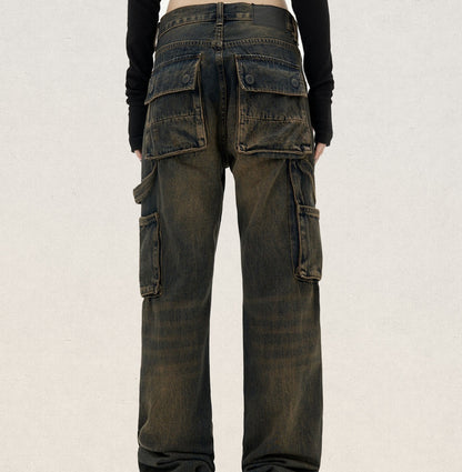 American Retro Jeans Heavy Washed Dirty Mud Dyed Overalls